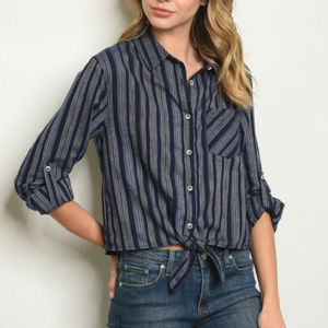 BLUE AND WHITE, BUTTON DOWN, FRONT-TIE SHIRT